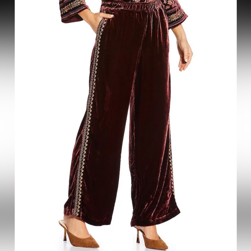 Johnny Was Wide Leg Velvet Pants Blackberry Dark Red Embroidered Size Small NWT